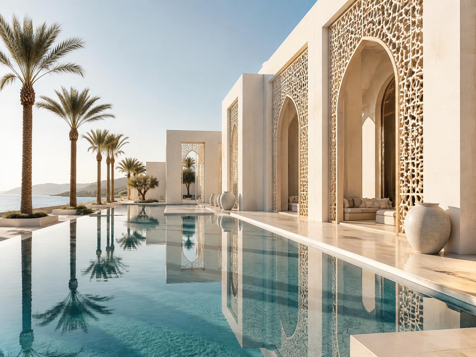 Contemporary Arabian architecture beside a reflecting pool